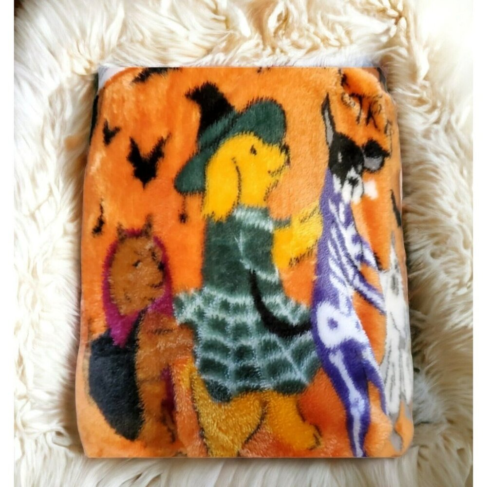 New Halloween Dogs Plush Throw Orange Fleece Puppy Costume Skeleton Bats Bones